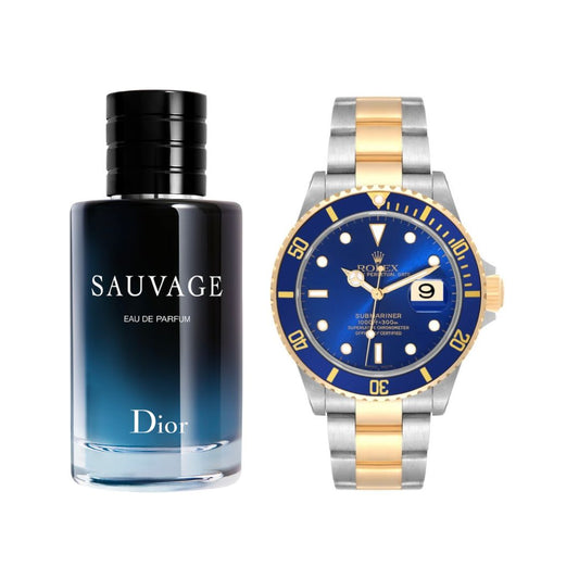 PERFUME SAUVAGE+RELOJ BICOLOR AZUL